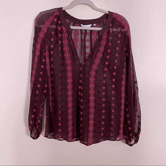 ASO TVD ZOA Maroon 100% Silk Sheer Long Sleeve Blouse Top - Picture 2 of 10